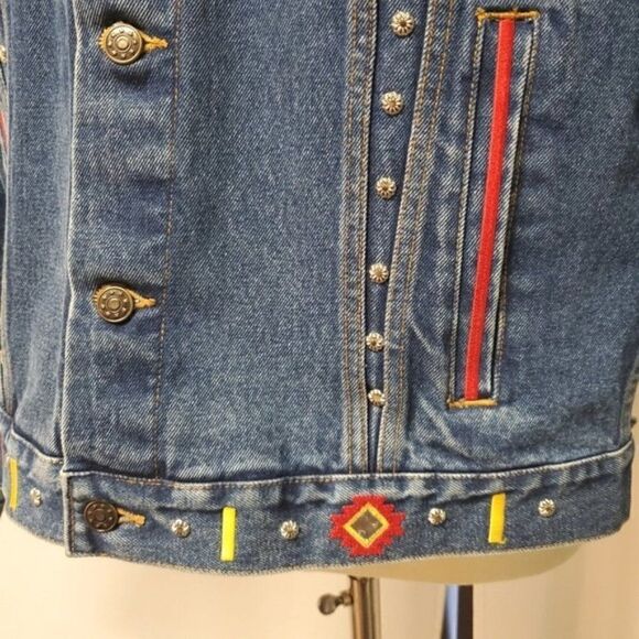 Vintage Gepetto 90s y2k Southwest Aztec Thunderbird Trucker Jean Jacket Lg - Picture 9 of 11